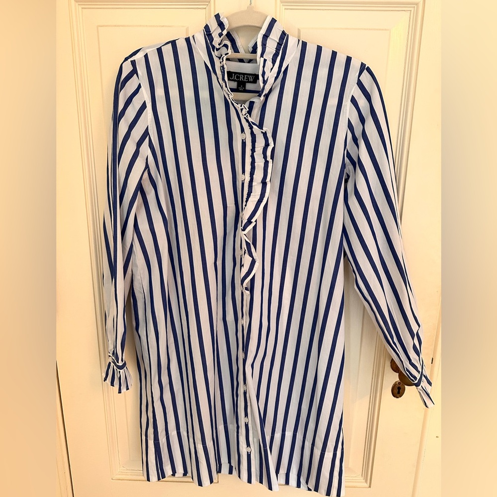 J.Crew Blue White Striped Cotton Poplin Ruffle Shirt Dress NWOT Size 8 - Picture 2 of 4